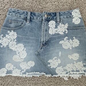 Karen Millen Blue Denim Mini Skirt with White Floral Lace